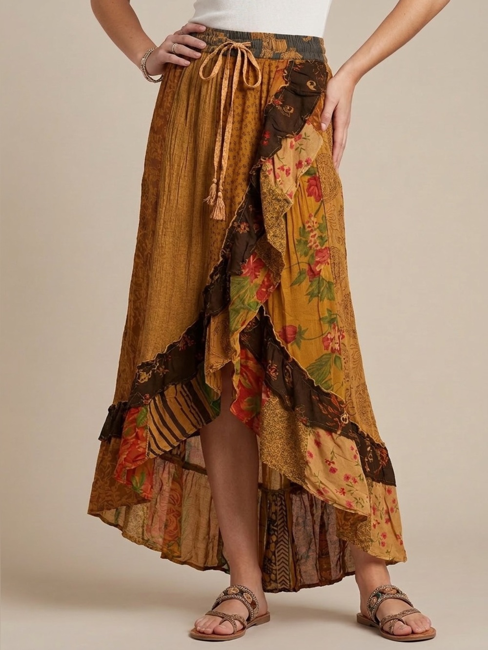High-Low Floral Patchwork Maxi Skirt in Mustard